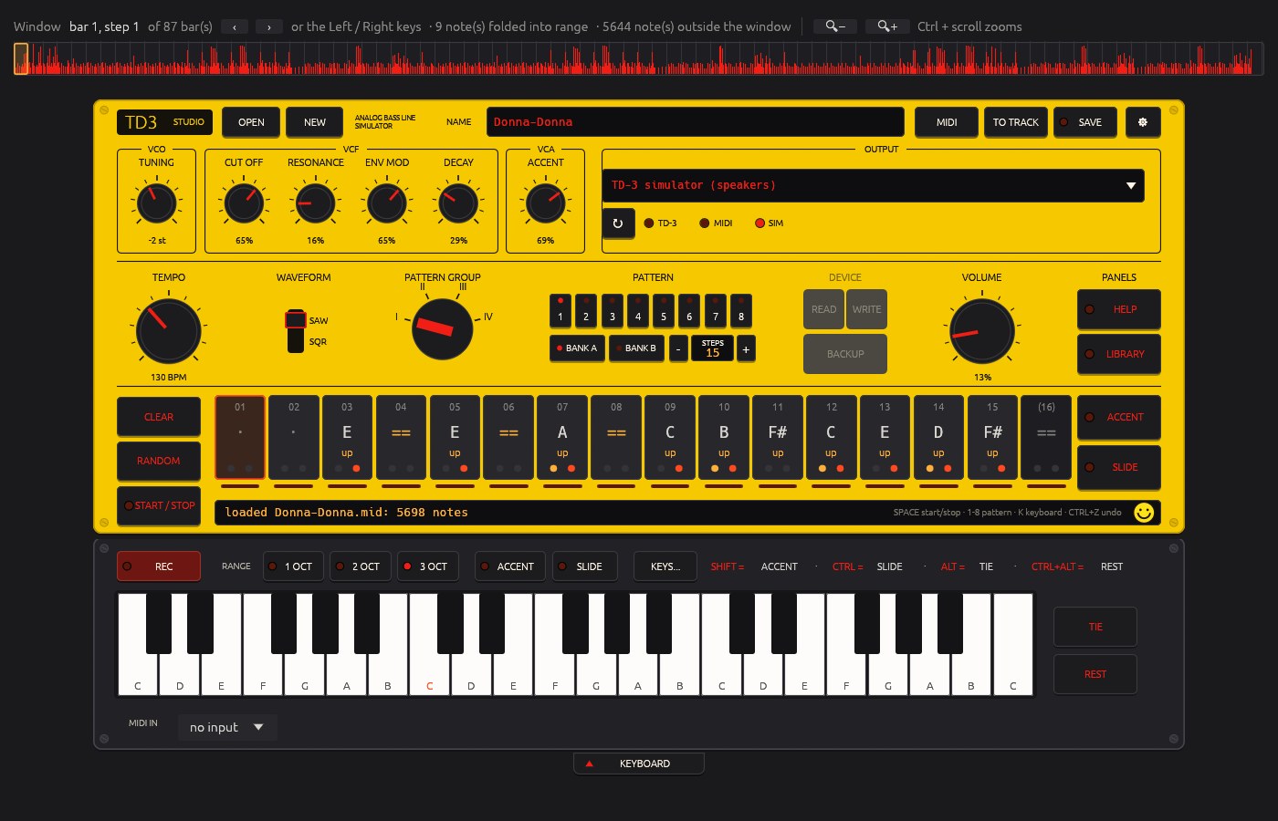 TD3 Studio: the plate with knobs, sixteen steps and the keyboard